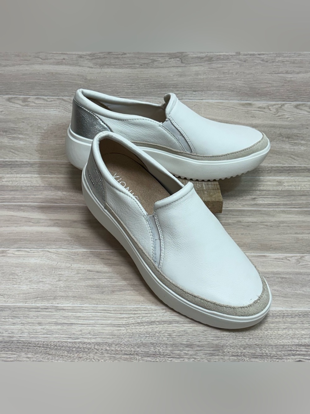 Vionic White Slip-On Platform Sneakers with Silver Heel Accent - Picture 2 of 10